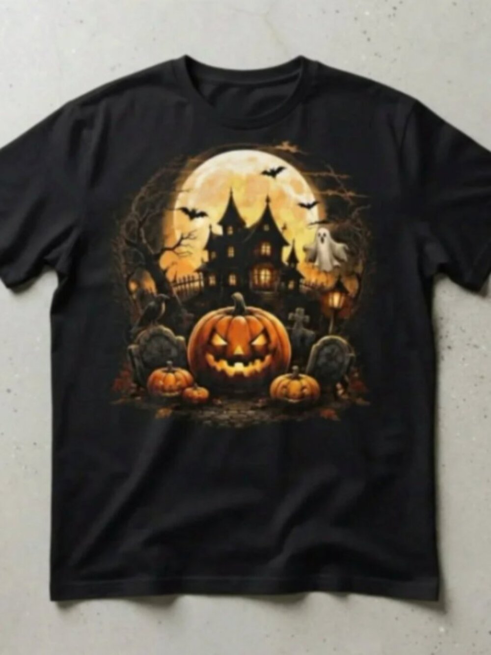 Halloween Spooky Haunted House Pumpkin Full Moon Graphic Black T-Shirt Unisex